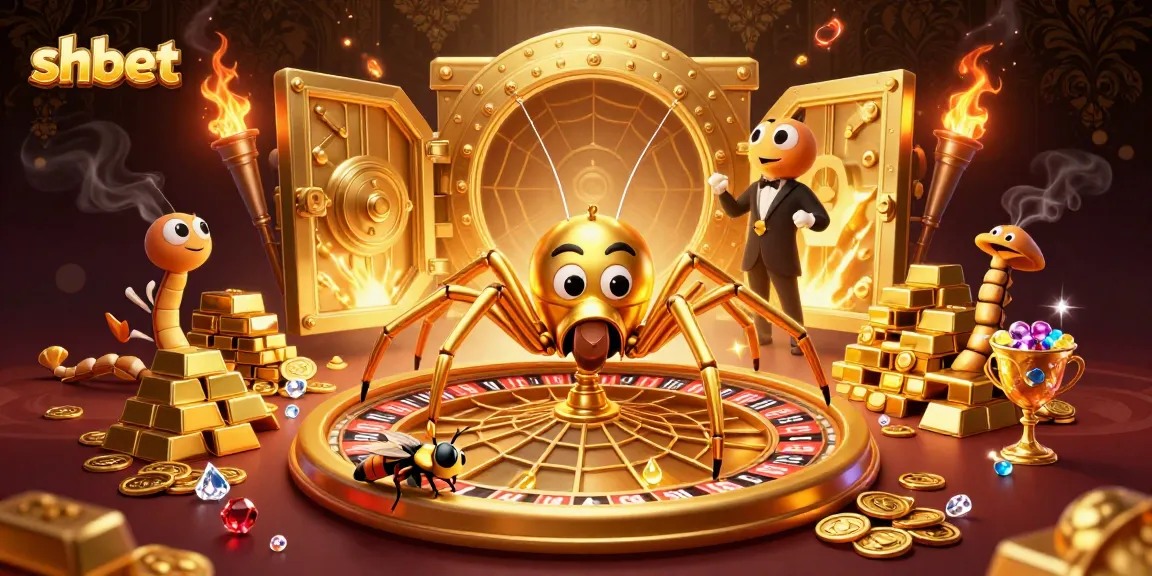 Engage in thrilling bets with shbet at a casino game scene featuring a golden web roulette and a centipede dealer.