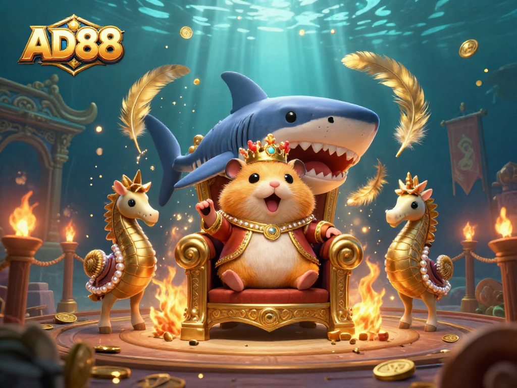 Bet on excitement with AD88 as the fierce golden hamster king reigns in a vibrant casino scene.