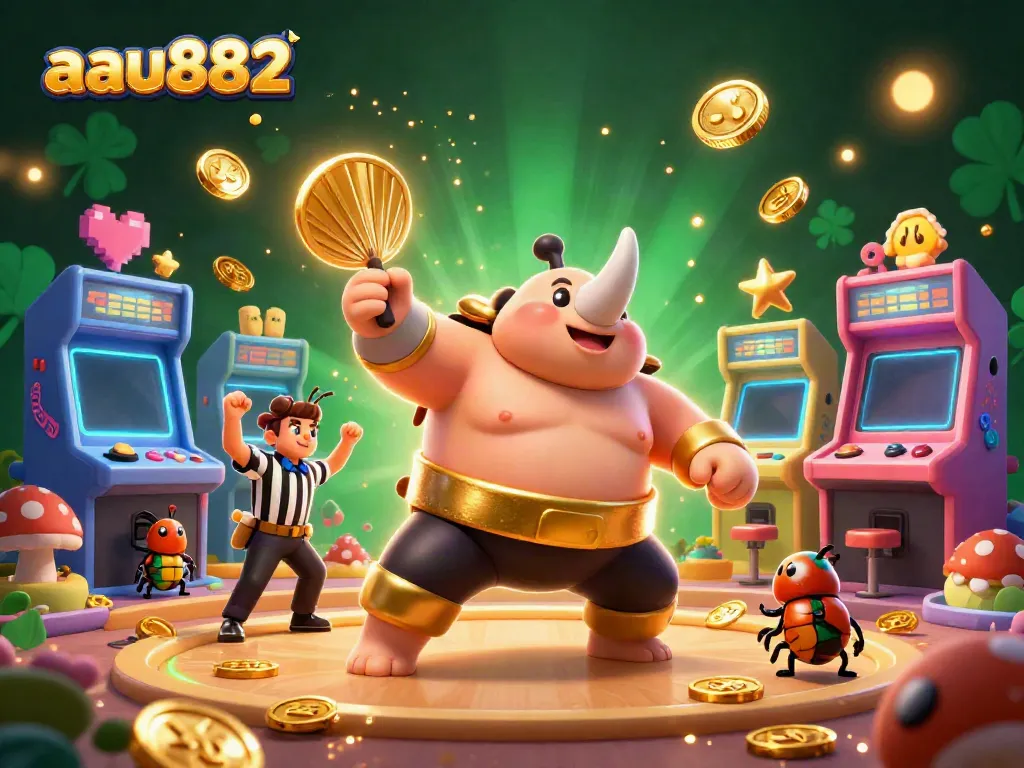 Witness aau882's exciting gambling scene with a sumo champion beetle showing off its power amidst flying coins and arcade games.