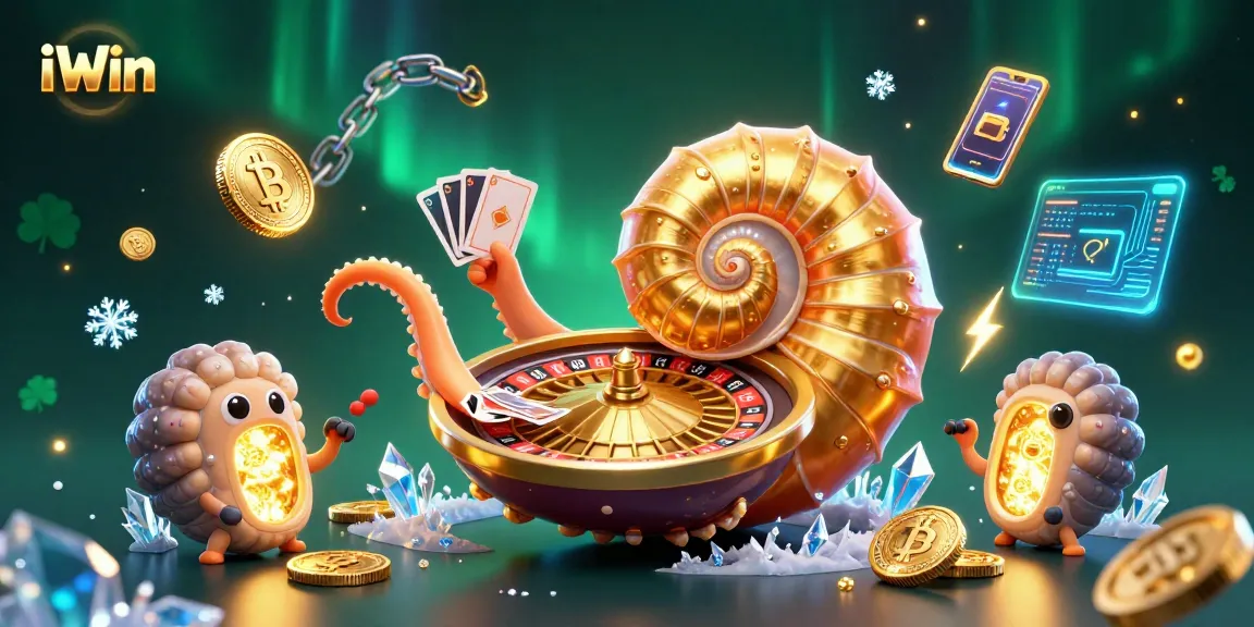 iWin features a vibrant 3D casino scene with a giant nautilus roulette wheel, cryptocurrency coins, and glowing game elements.