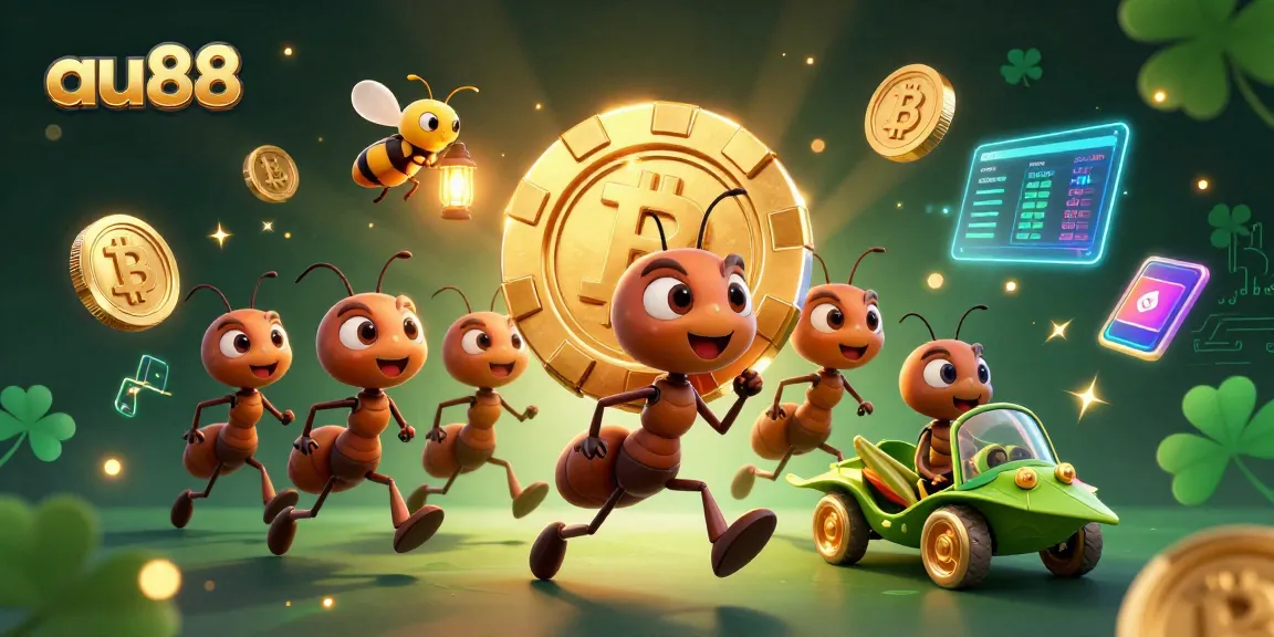 Experience the excitement of au88 with ants on a heist, carrying a poker chip amidst dazzling casino elements.
