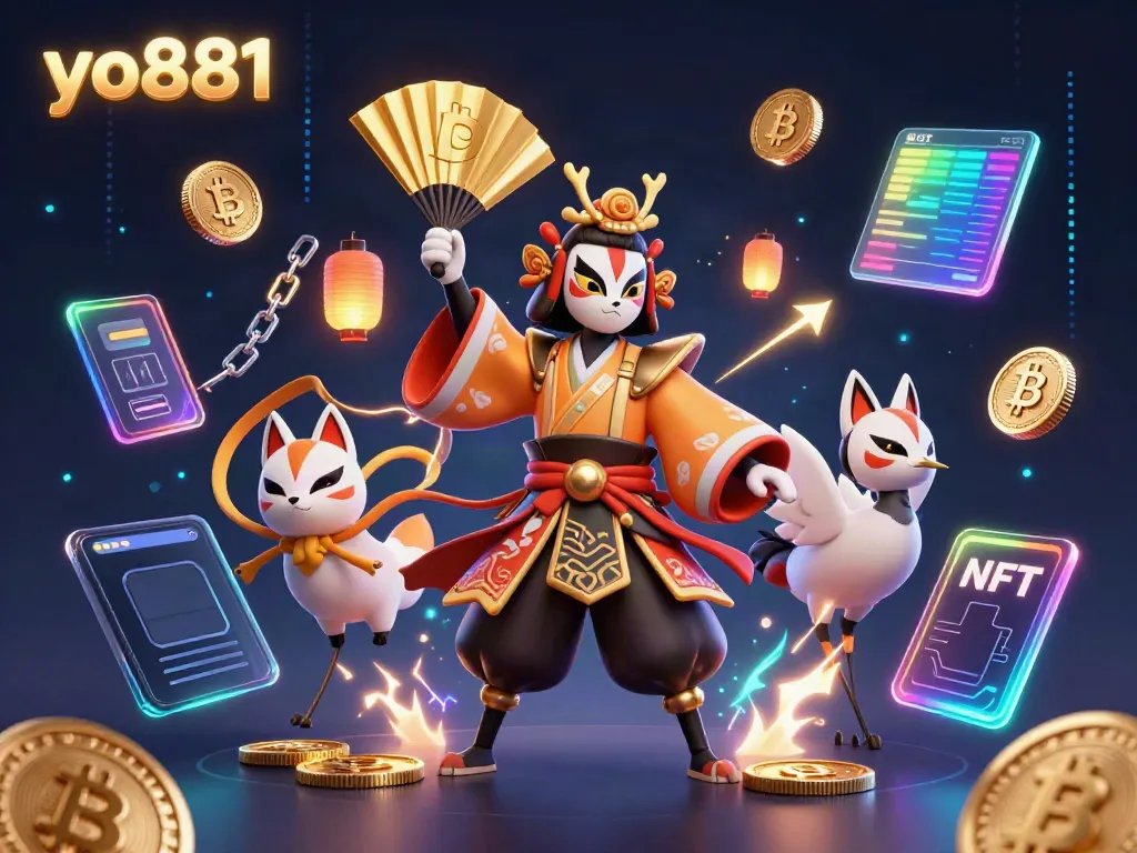 Experience vibrant action in the yo881 casino scene with kabuki warriors and crypto elements.