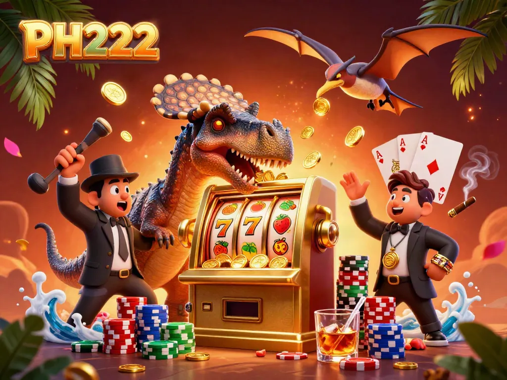 Engaging PH222 casino illustration showing dynamic characters and jackpot excitement in a vibrant scene.