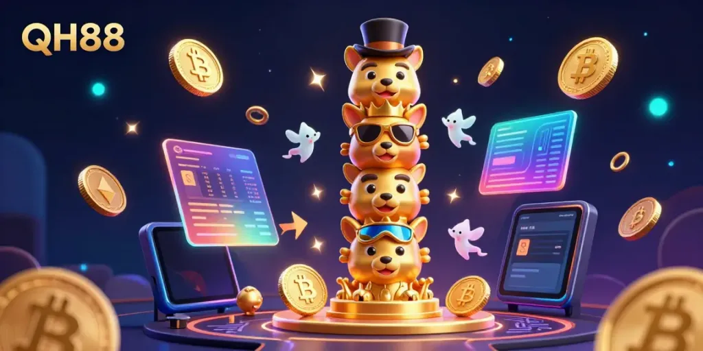 Experience thrilling gaming action at QH88 with vibrant casino elements, cryptocurrency themes, and engaging visuals.