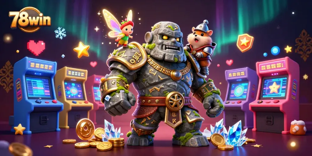 Engage with 78win's vibrant casino universe featuring a magical golem and gaming elements.
