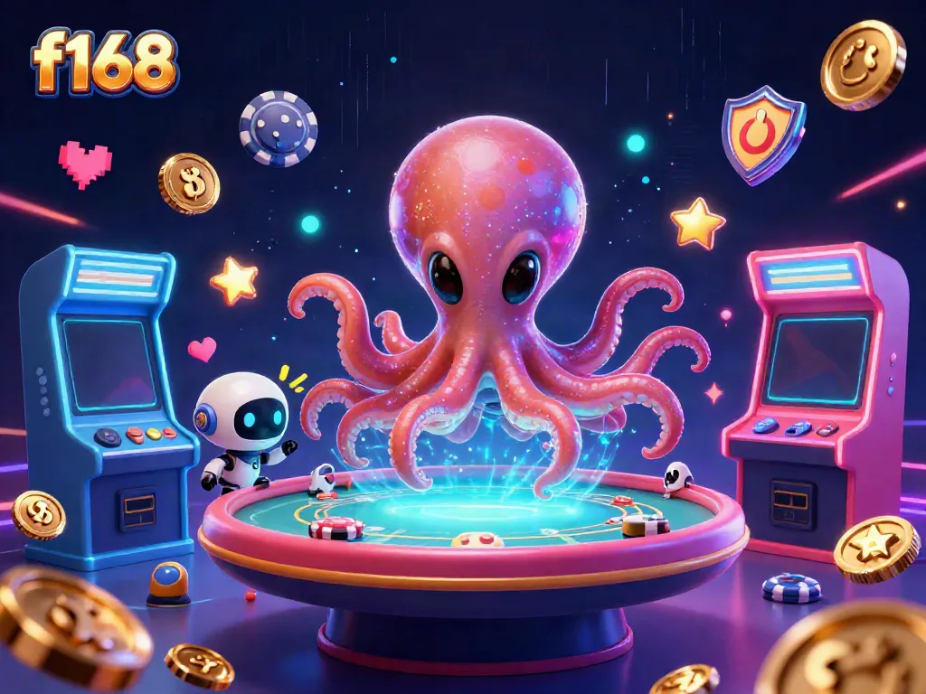 f168 showcases a vibrant scene of an alien octopus at a holographic poker table, engaging in casino gaming action.