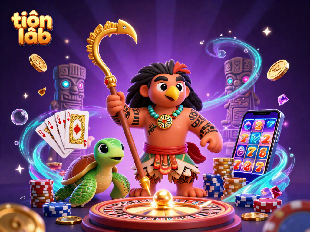 Experience the thrill of tiến lên with vibrant characters and dynamic casino elements in this colorful scene.