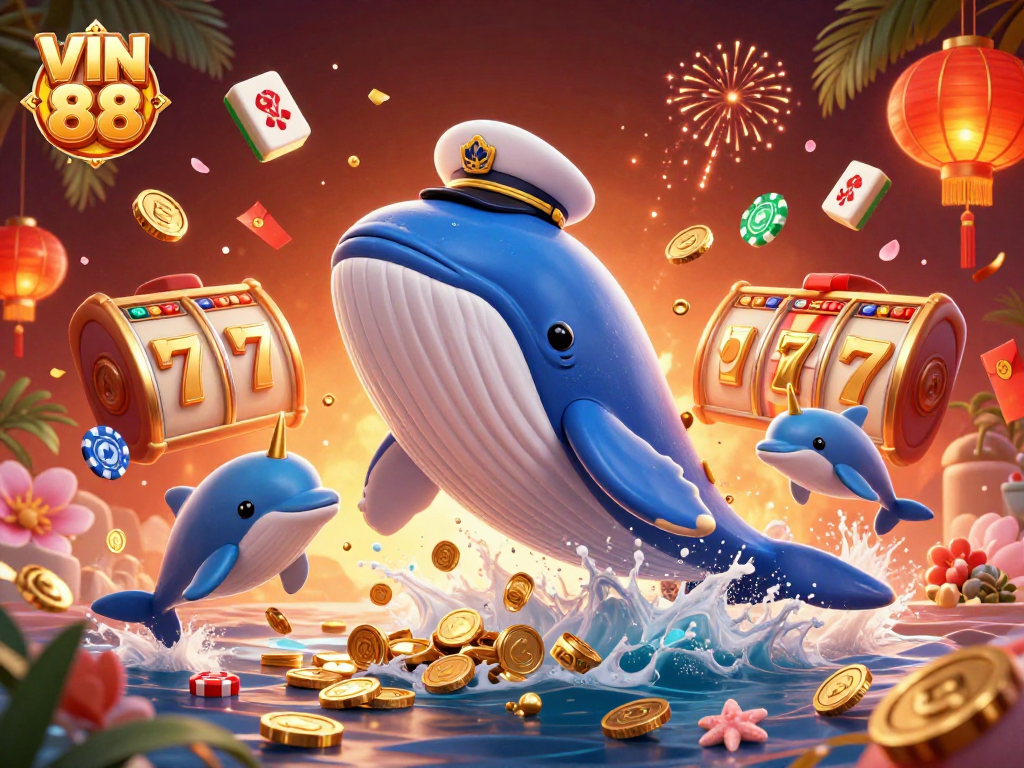 Experience the thrill of VIN 88 with playful dolphins and a giant whale in a vibrant casino scene.