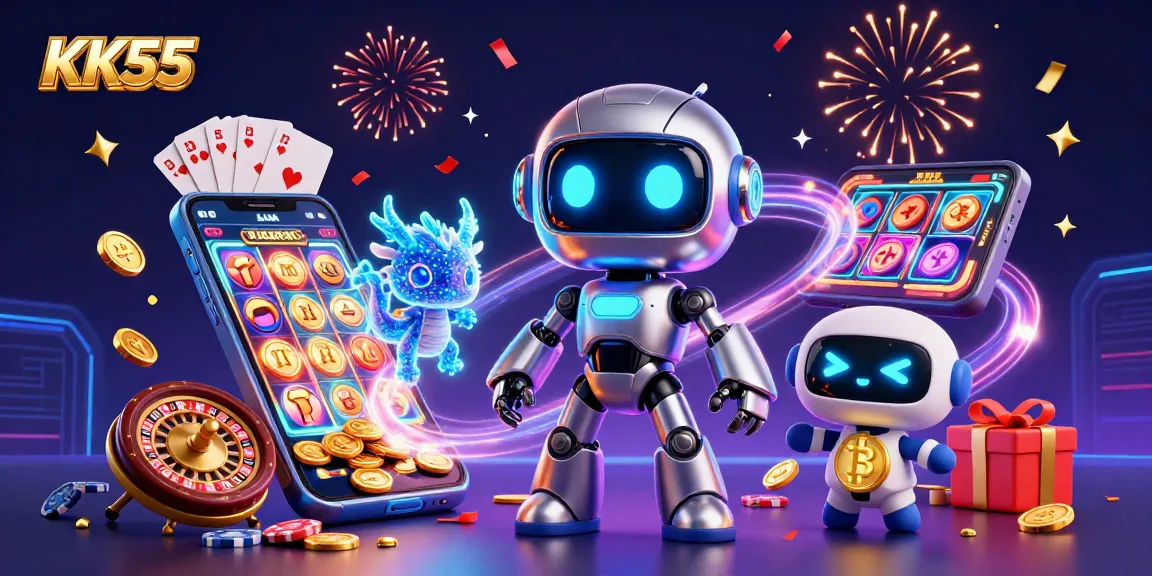 Experience thrilling games at KK55 with vibrant digital elements, showcasing excitement and winnings.
