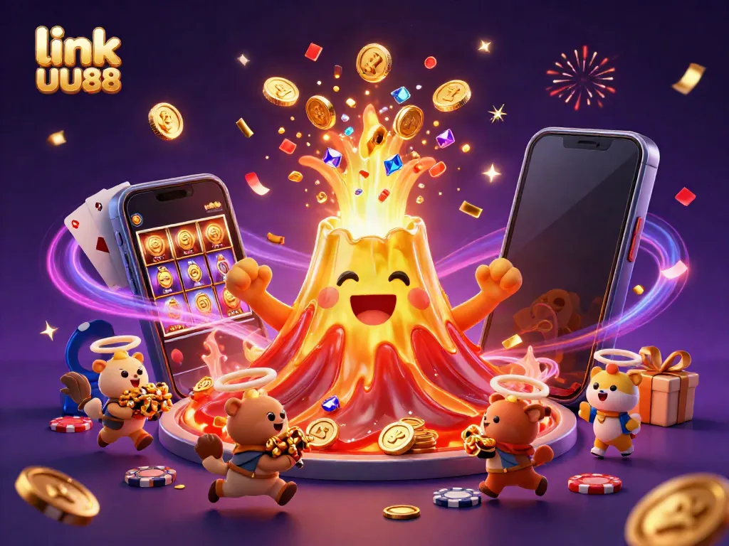 Engage with the thrilling link UU88 as a colorful jackpot erupts from a golden volcano in this vibrant casino scene.