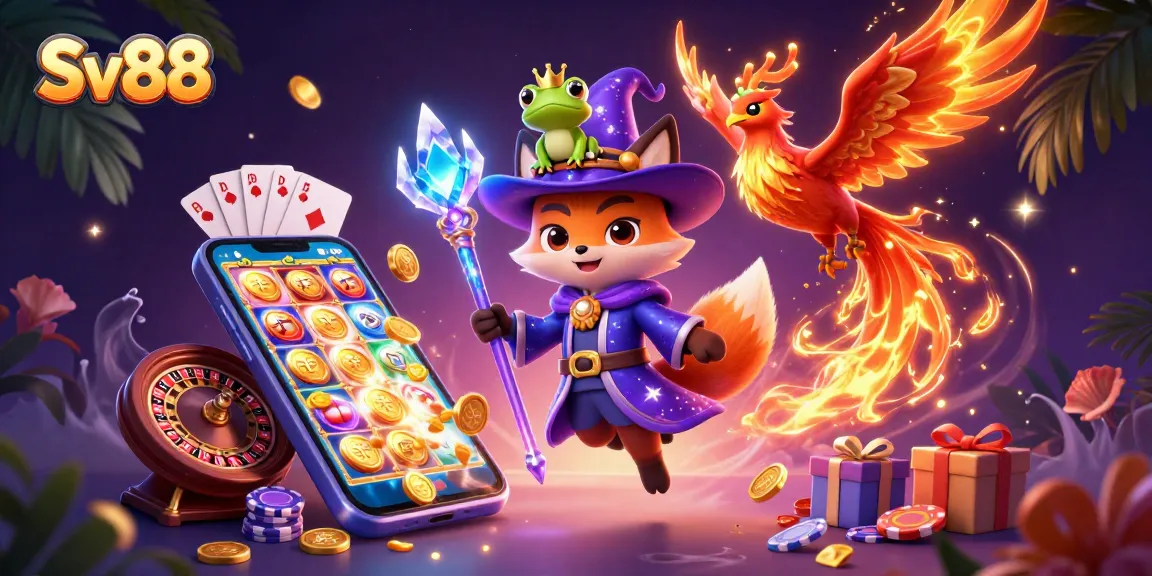 Engage with Sv88's vibrant gaming universe featuring a fox wizard and phoenix in a dynamic casino scene.