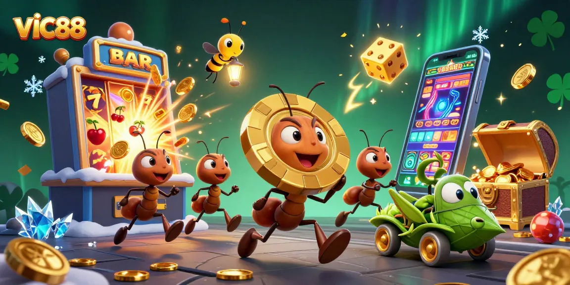 VIC88 ants carrying a giant poker chip amidst exploding jackpot slots and colorful casino games.