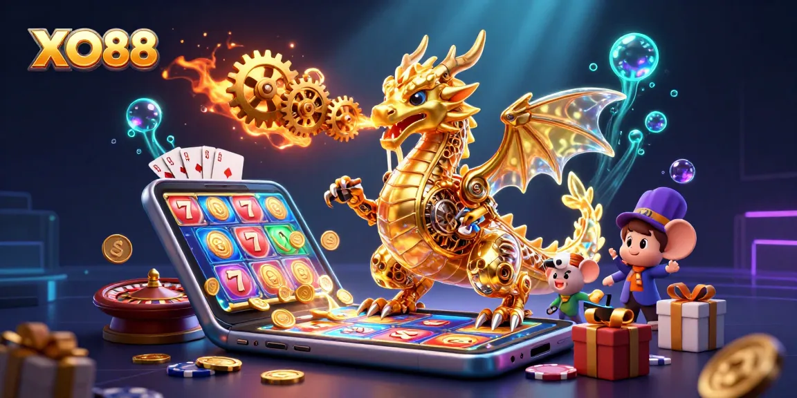 Spin to win with XO88, featuring a golden dragon and dynamic casino games in a vibrant 3D scene.