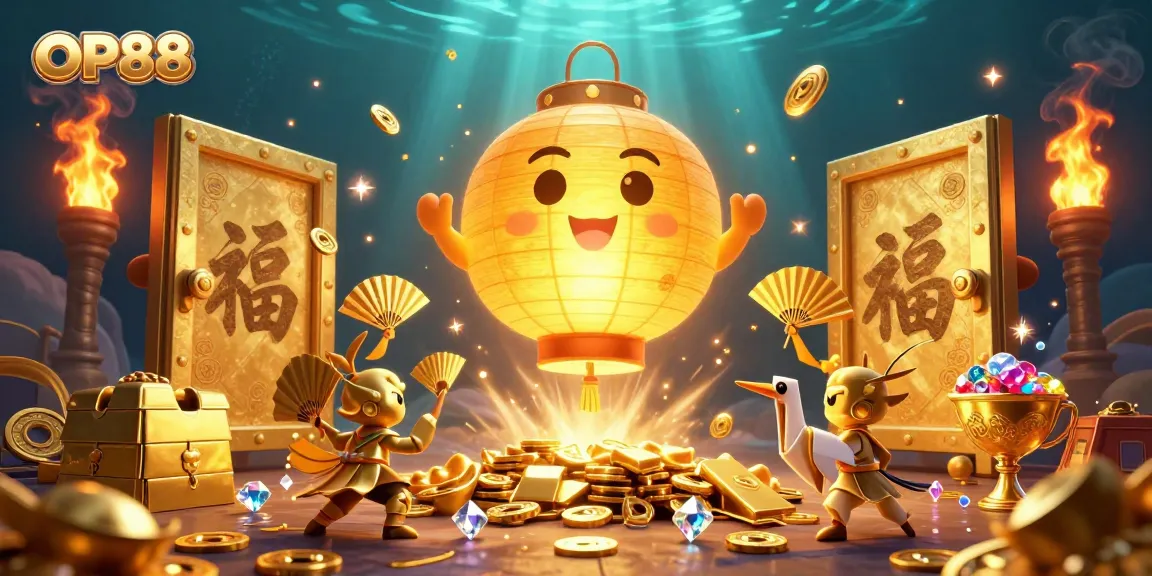 Experience OP88 excitement with a mystical golden lantern spirit illuminating a vibrant online casino scene.