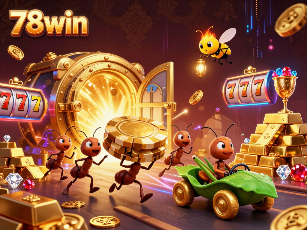 Experience a thrilling 78win casino heist with cartoon ants, a golden poker chip, and dazzling treasures!