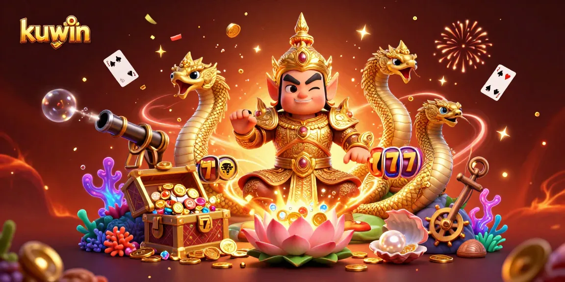 Kuwin offers fortune with dynamic slot reels, depicting a Thai guardian and serpents in an exciting gaming scene.