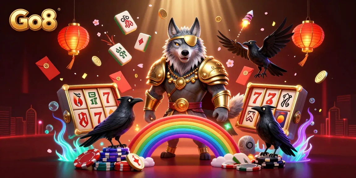 Engage with Go8's vibrant gambling universe through a dynamic casino-themed illustration.