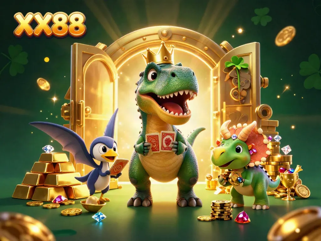 Experience exciting gameplay with XX88 as a friendly dinosaur shuffles cards and a triceratops stacks chips.