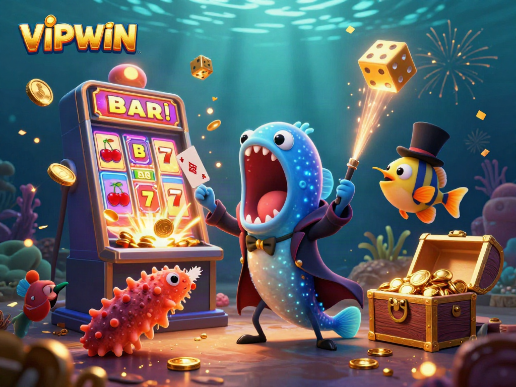 Engage in thrilling casino excitement with VIPWIN's colorful underwater scene, showcasing enchanting characters and jackpot elements.
