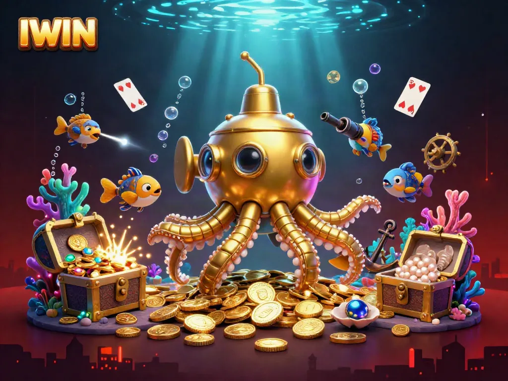 Experience the thrilling world of IWIN with a vibrant underwater casino scene featuring a golden kraken and treasures.