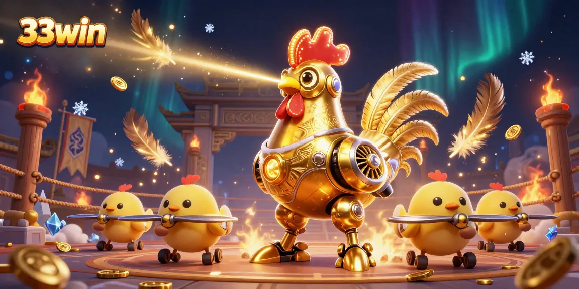 Engage in 33win action with laser-shooting golden rooster robot and dynamic casino elements.