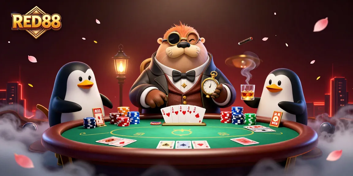 Engage in thrilling poker action at RED88 with a jolly walrus, a penguin dealer, and a bluffing pufferfish.
