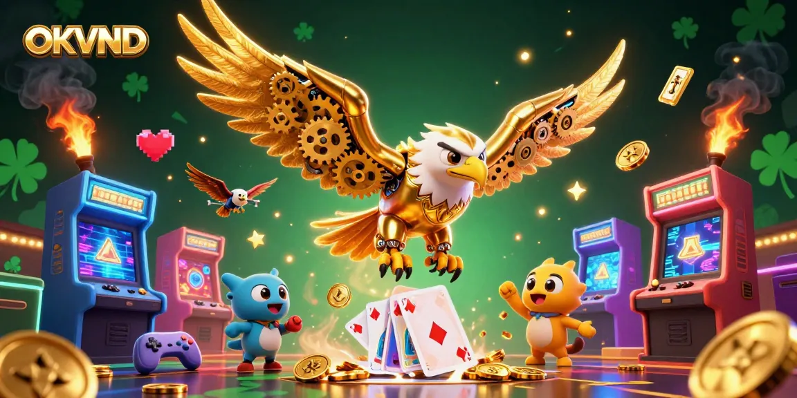 Experience OKVND gaming excitement with a golden eagle diving through holographic cards amidst vibrant casino elements.