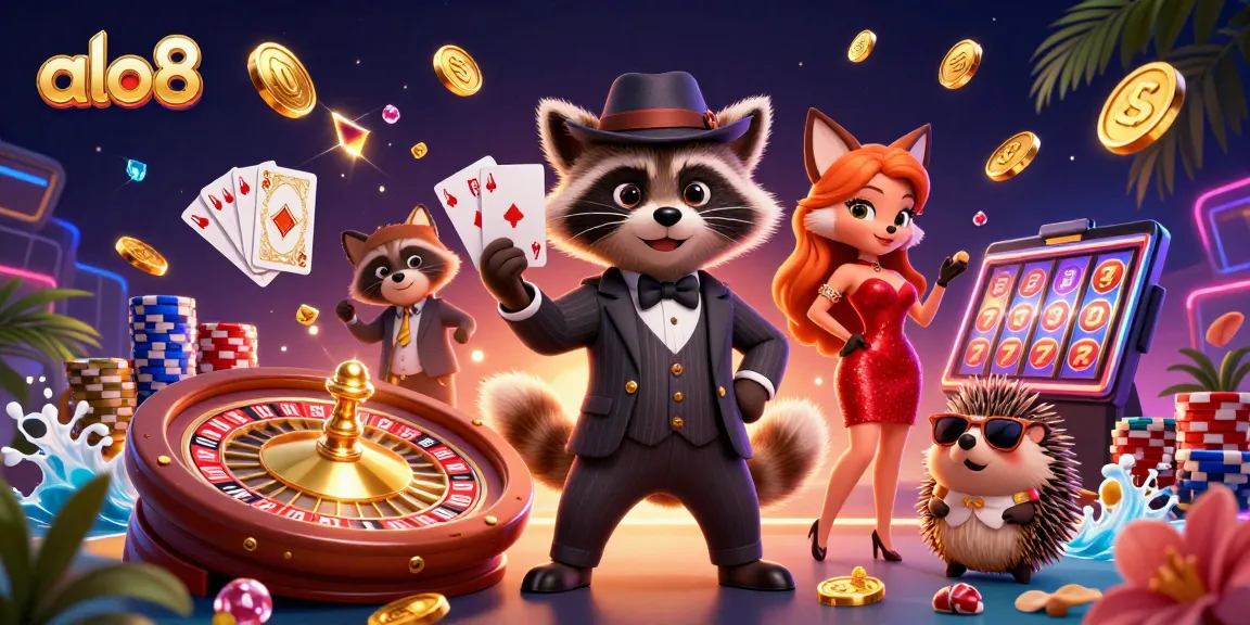 Alo8 casino experience with dynamic gaming elements featuring raccoon, fox, and hedgehog characters immersed in a vibrant gaming atmosphere.
