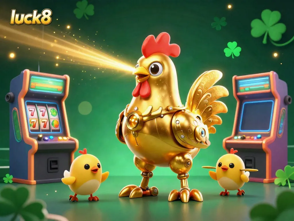 Join the fun with luck8 as a golden rooster robot and baby chick drones navigate an exciting casino world filled with games and rewards.