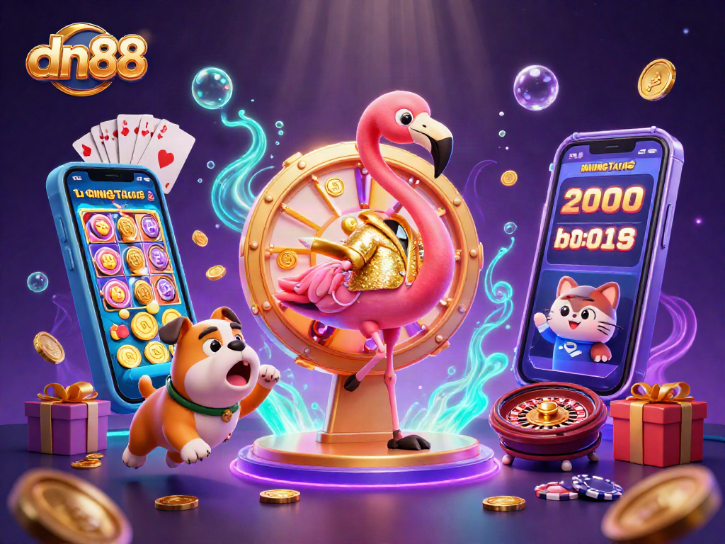 Exciting game show scene featuring dn88 with a flamingo host, bulldog contestant, and gaming elements.