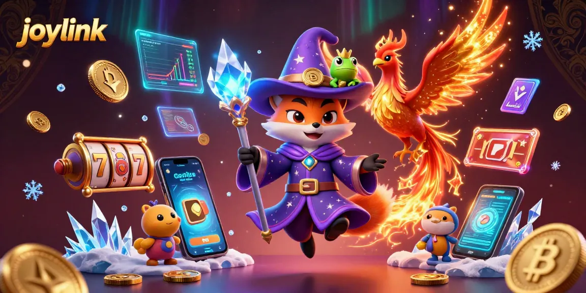 Engage with joylink in a vibrant casino scene featuring a wizard, phoenix, and gaming elements.