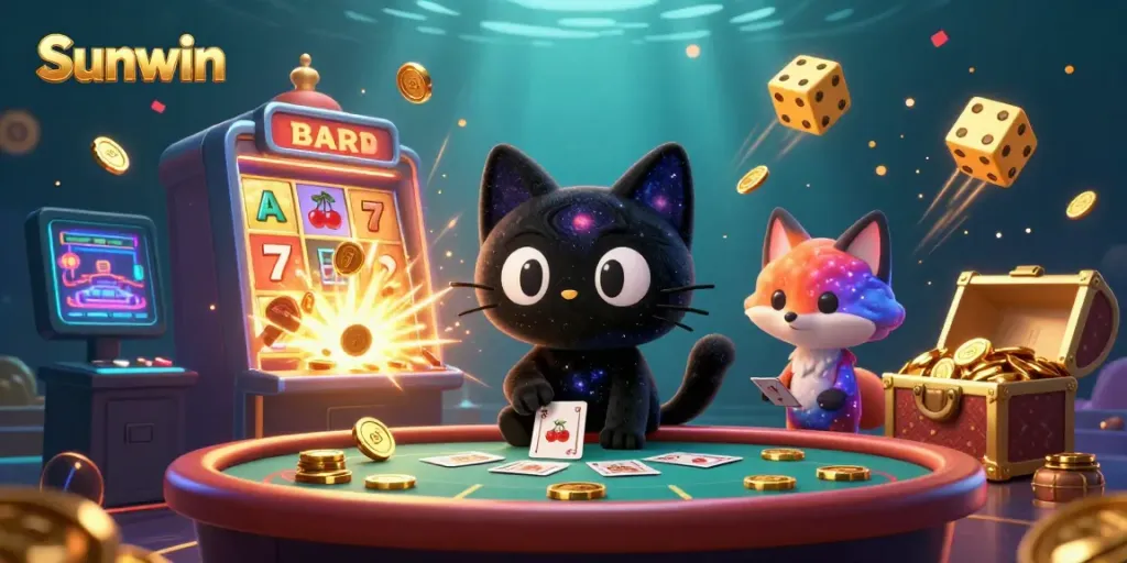 Experience the excitement of Sunwin with a cosmic scene featuring a black hole cat, jackpot slots, and vibrant casino elements.