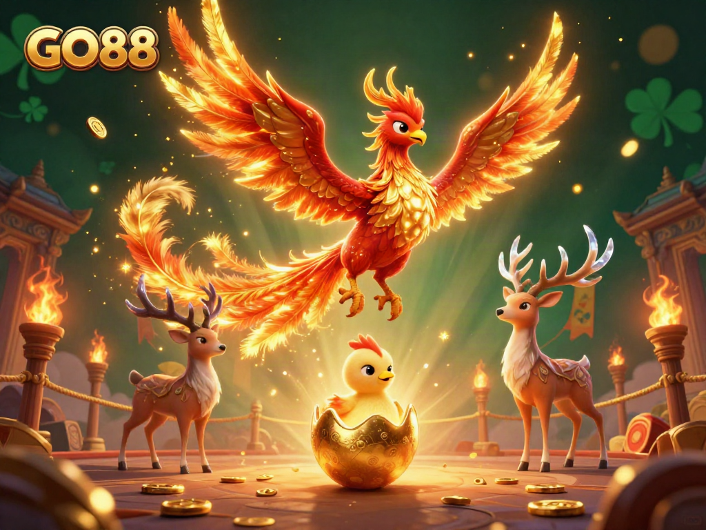 Experience excitement with GO88, featuring a phoenix and stag amidst gaming action.