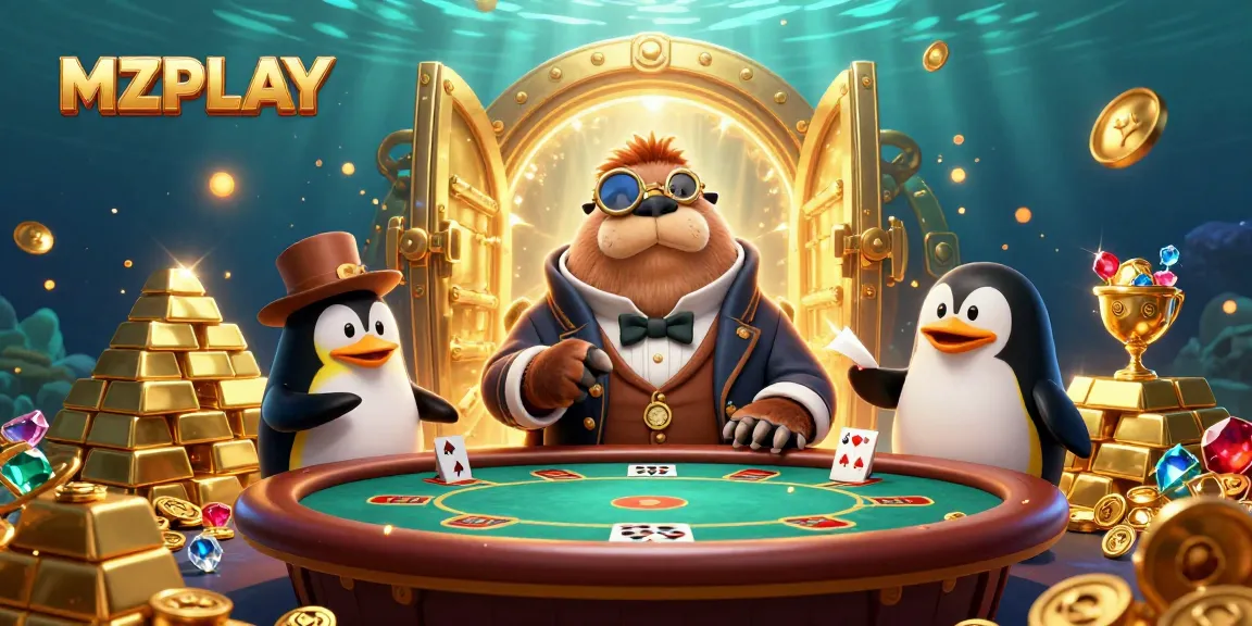MZPLAY enhances excitement at an underwater poker table, featuring a walrus, penguin dealer, and pufferfish.