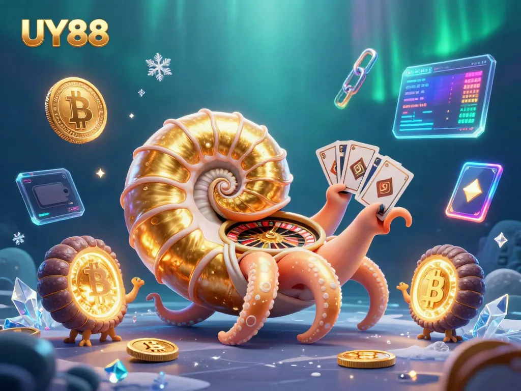 Experience the excitement of UY88 with a vibrant 3D illustration of a giant nautilus and glowing treasures reflecting casino energy.