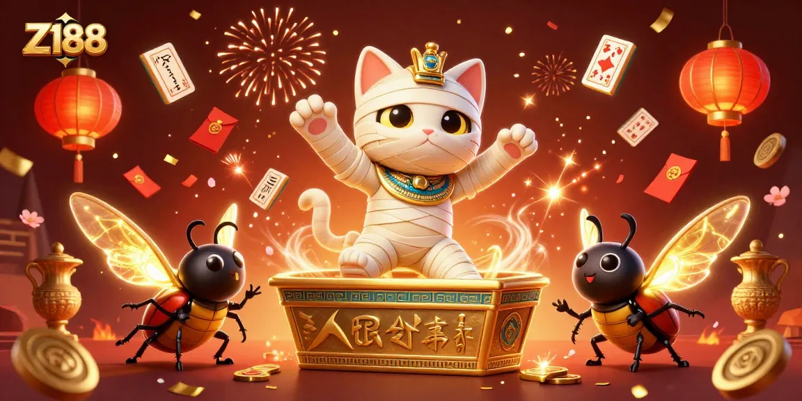 Z188 showcases an exciting dynamic scene of a mummy cat and scarab in a vibrant casino atmosphere.