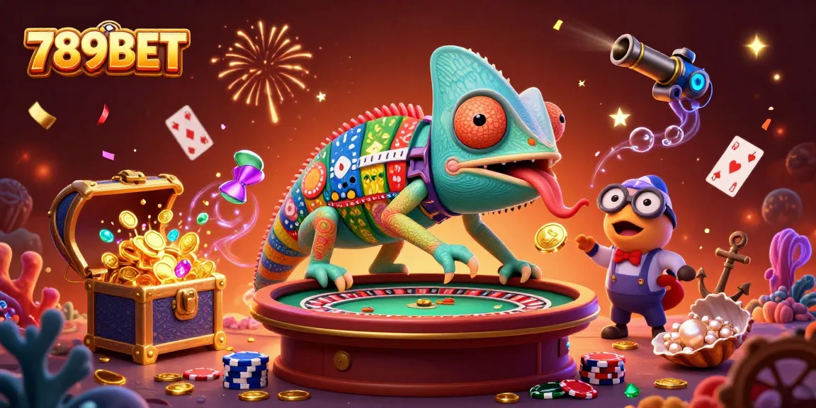 Experience thrilling games with 789BET, led by a colorful chameleon casino owner amidst sparkling treasures.