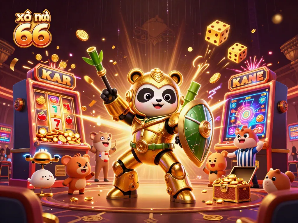 Experience the excitement of xổ số 66 with a thrilling 3D scene of a panda robot and casino games.