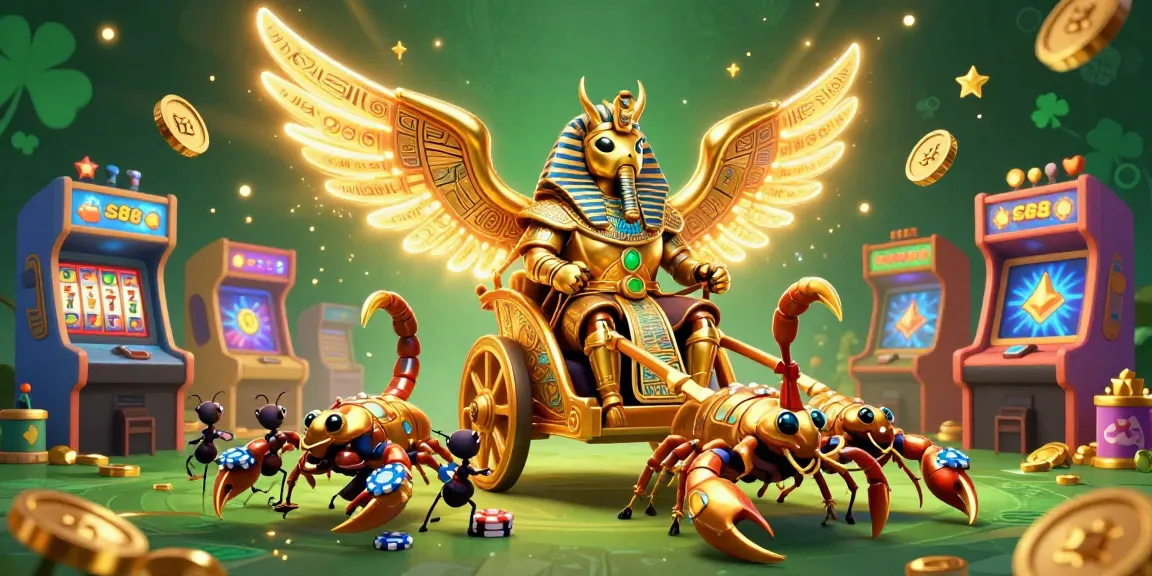 Experience the thrilling energy of sc88 with a chariot-driven golden scarab amidst slot reels and arcade games.