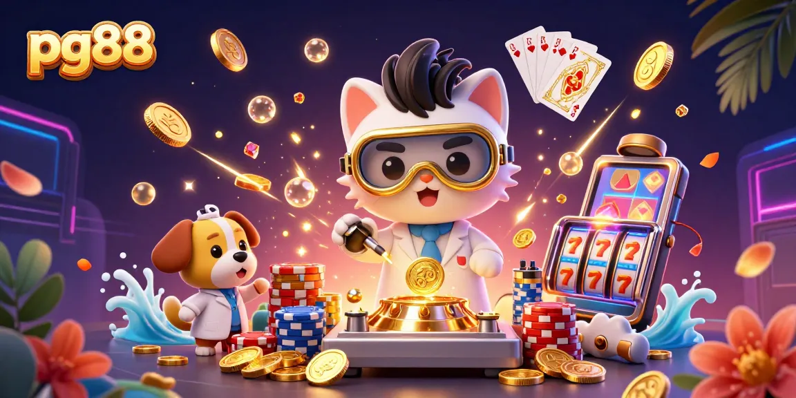 Experience thrilling gameplay at pg88 with a lively scene of a mad scientist creating gold coins amid cascading slot machines.