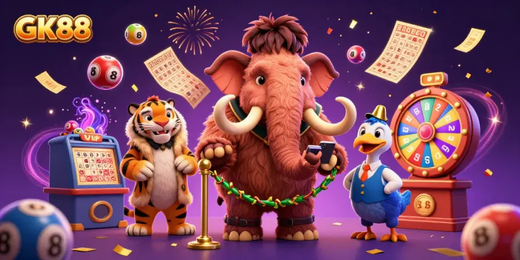 Experience thrilling GK88 action with a vibrant casino scene featuring lottery excitement and colorful gaming elements.