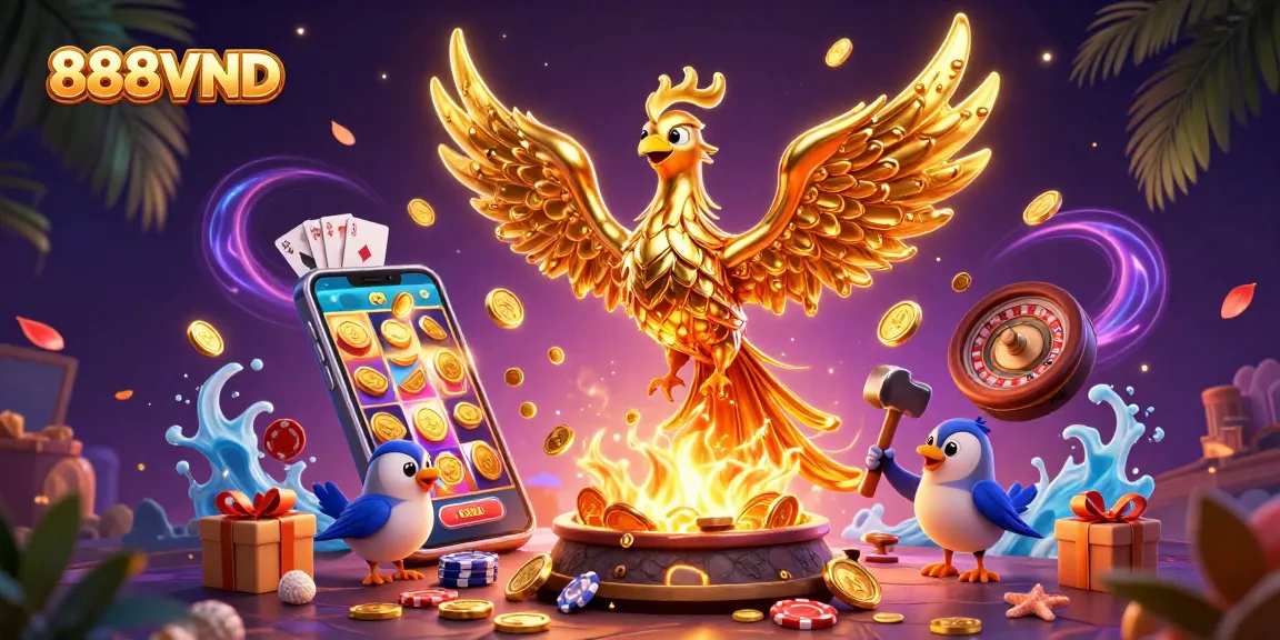 Win big with 888VND in a vibrant casino scene featuring molten gold and exciting gaming elements.