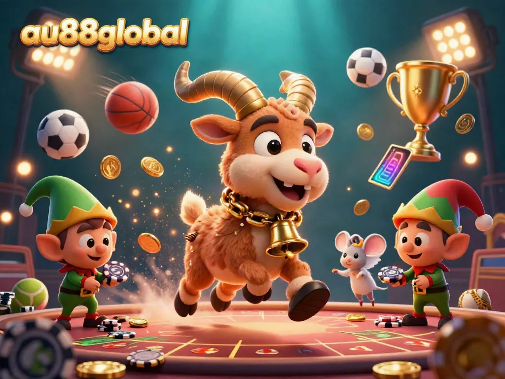 Engage in thrilling casino adventures with au88global's vibrant illustration featuring festive characters and dynamic game elements.