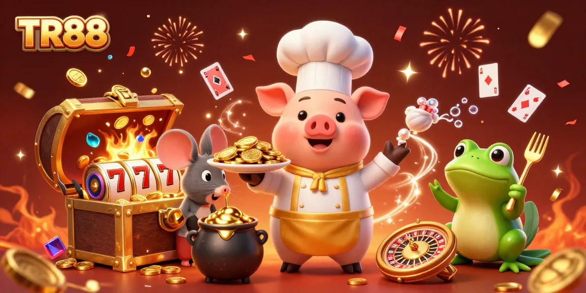 Experience excitement at TR88 with an entertaining 3D scene showcasing a chef pig, mouse, and frog amidst gold coins and slot reels.