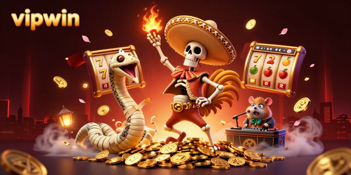 Experience exciting wins at vipwin with a vibrant 3D casino illustration featuring dynamic casino elements.
