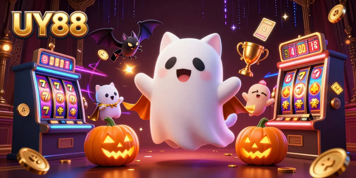 Experience the thrill of UY88 with a ghost cat and vampire bat in a haunted casino scene surrounded by slot game elements.