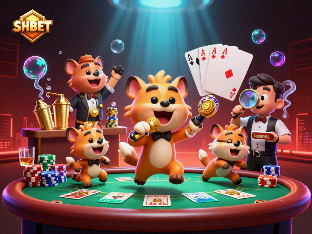 SHBET hyenas entertain with poker action in a vibrant comedy casino scene.
