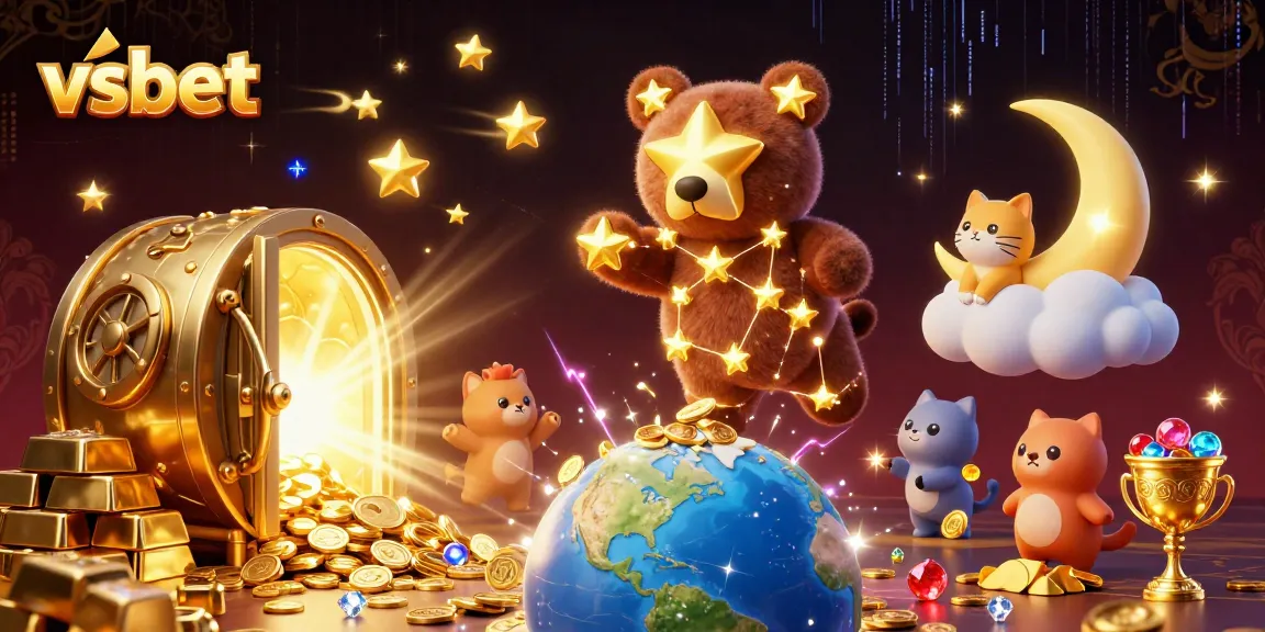 Win big with vsbet in an enchanting 3D casino scene filled with treasures and lucky symbols.