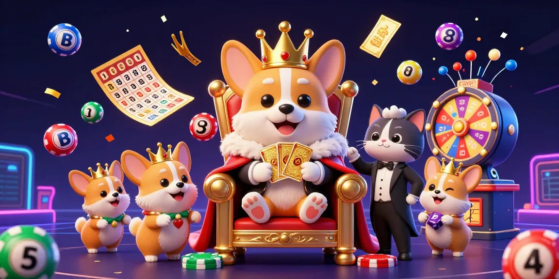 Engage in thrilling gambling adventures with 33win, featuring a royal corgi and vibrant lottery elements.