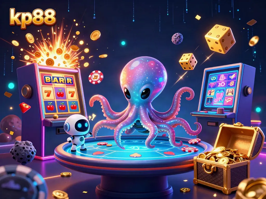 Experience intense gameplay at kp88 with an alien octopus dealing cards and stacked poker chips